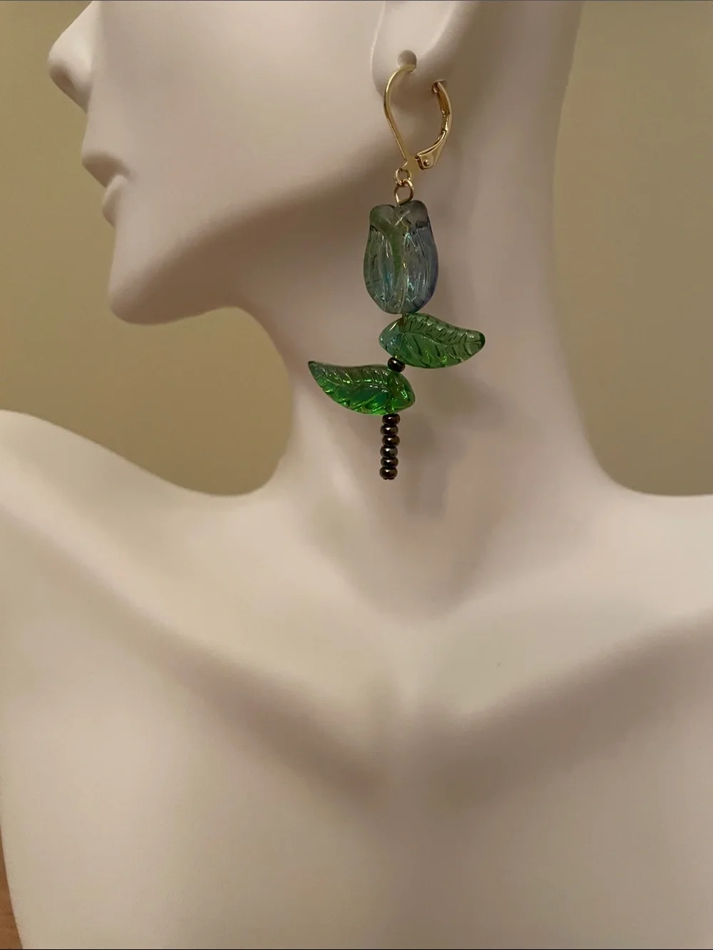 HAND CRAFTED CZECH GLASS TULIP EARRINGS Purple Blue Green Gold Brown
